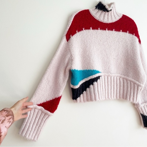 Zara Boxy Cropped Colorblock Chunky Knit Wool Blend Sweater Size Medium western - Picture 9 of 15